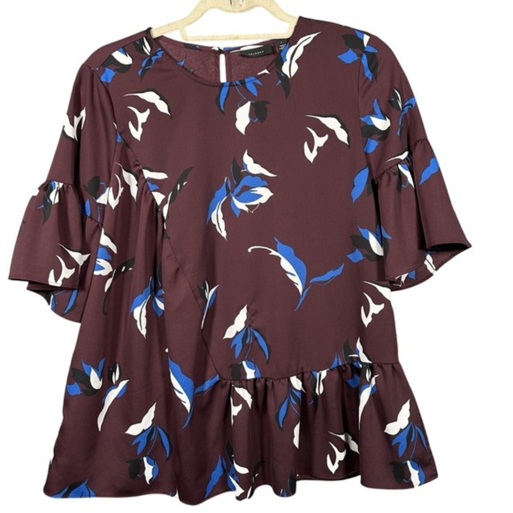 Halogen Blouse Women Small Burgundy Floral Ruffle Sleeve Peplum‎ Top HA366319MI